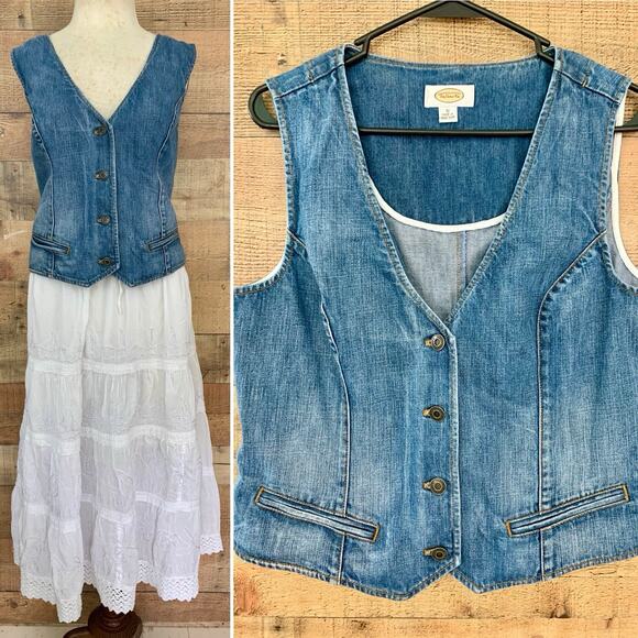 Vintage 90s Talbots Denim Vest Button Up Jean Waistcoat Hong Kong Western Boho - Picture 1 of 7